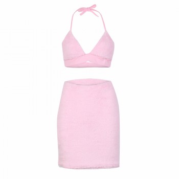 Faux Fur Pink Sexy Two Piece Set Halter Bralette Crop Top and Mini Skirt